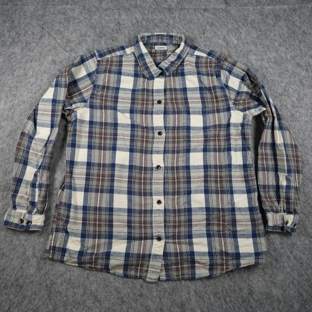 LL Bean Top Womens Large Blue Scotch Plaid Flannel Cotton Long Sleeve Button